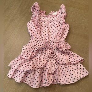 LoveShackFancy Pink Ruffle Tiered Dress with Black Bow Print